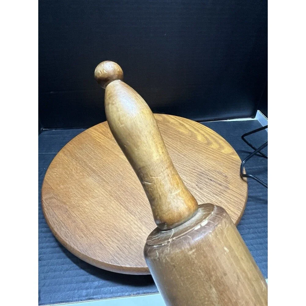 Vintage Wooden Rolling Pin w/ Green Handles Rustic Farmhouse Grandma Chic 17